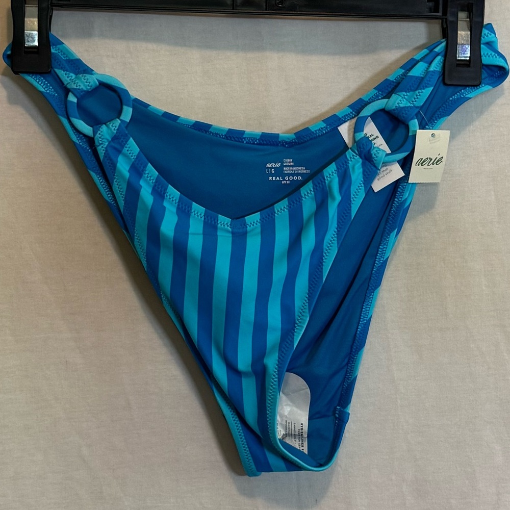 AA-209‎ Aerie NWT Blue Stripe Lined Summer Swim Bikini Bottoms Size L